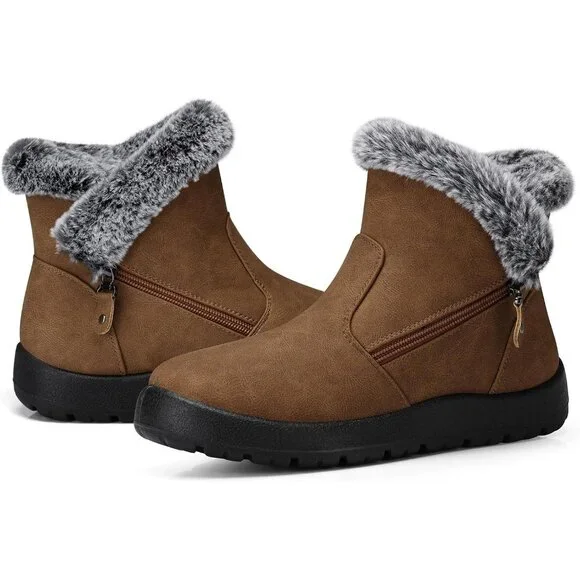 Women's Snow Boot Warm Ankle Fur Lined Booties Insulated Shoes Light Brown - Picture 3 of 6